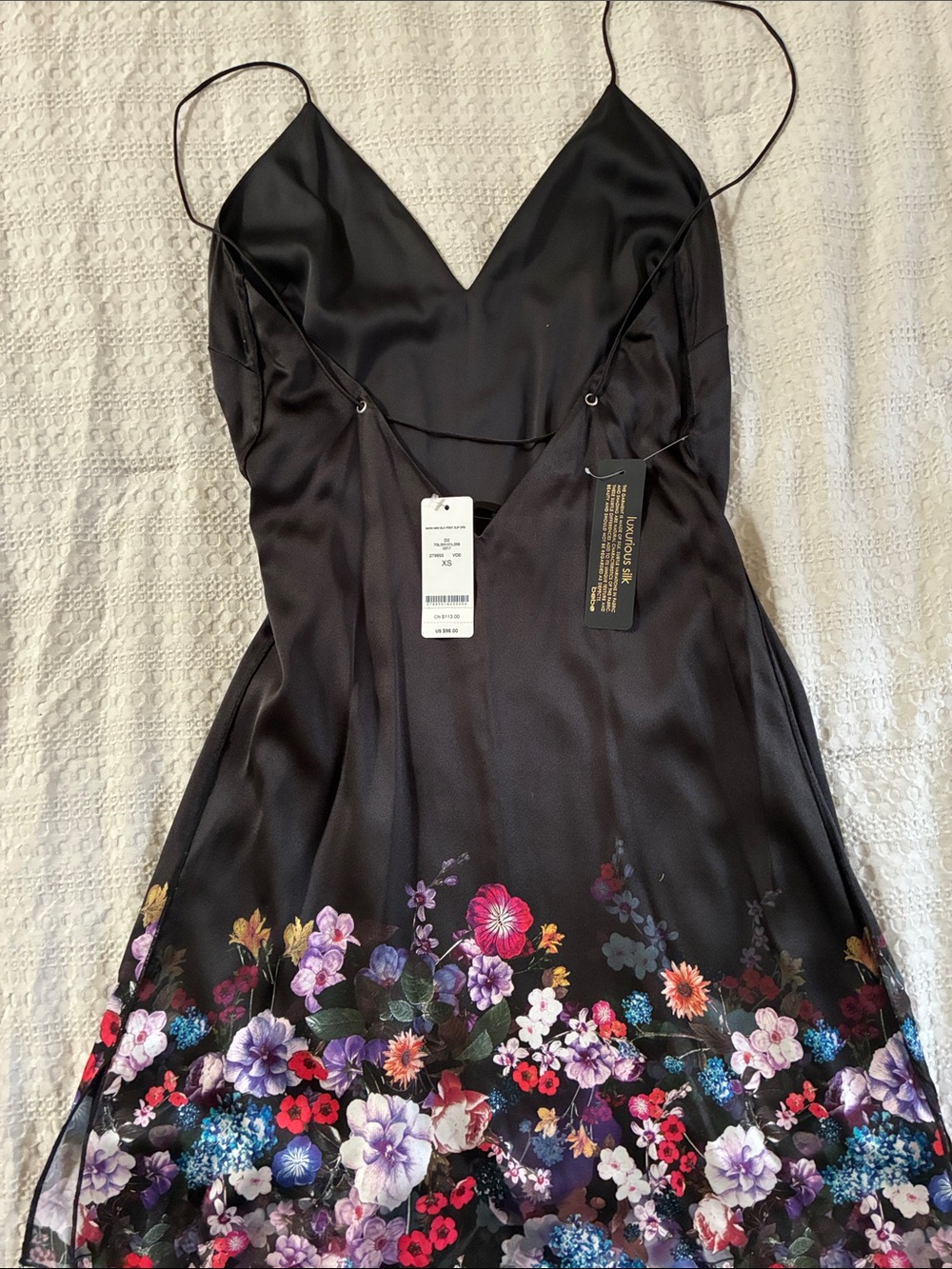 bebe Black Midi Slip Dress with Multicolor Floral Hem - Picture 6 of 6